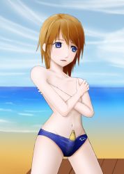1girl androgynous banana beach blue_eyes blue_male_swimwear blue_swim_briefs brand_name_imitation brown_hair character_request collarbone copyright_request covering_privates covering_breasts cowboy_shot flat_chest food fruit image_sample inaka_kaeru logo male_swimwear misleading_thumbnail navel open_mouth pixiv_sample reverse_trap sexually_suggestive short_hair standing swim_briefs swimsuit water