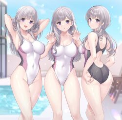  3girls absurdres adjusting_clothes adjusting_swimsuit ass blue_sky cloud collarbone commission competition_swimsuit covered_navel e_(eokiba) feet_out_of_frame gradient_background grey_hair highleg highleg_swimsuit highres idolmaster idolmaster_shiny_colors long_hair low_twintails multicolored_clothes multicolored_swimsuit multiple_girls multiple_persona one-piece_swimsuit pool skeb_commission sky swimsuit twintails white_one-piece_swimsuit yukoku_kiriko 