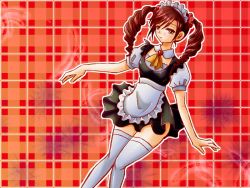 1girl amy_sorel apron bandai_namco drill_hair headdress maid maid_apron maid_headdress plaid plaid_background red_eyes red_hair solo soul_calibur soulcalibur_iv suzuki_(almondcake) thighhighs twin_drills twintails rating:Questionable score:3 user:twilight_jester