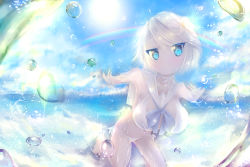 1girl aisudare bikini blue_eyes blush breasts large_breasts looking_at_viewer rainbow sailor_collar short_hair smile solo swimsuit water water_drop wet white_hair 