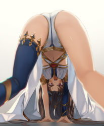  &gt;:o 1girl :o all_fours angry arm_support armlet ass asymmetrical_legwear asymmetrical_sleeves bare_arms bare_shoulders black_hair black_thighhighs blue_detached_sleeves blue_thighhighs blurry blush breasts clothing_cutout crown depth_of_field detached_sleeves earrings embarrassed fate/grand_order fate_(series) female_focus from_behind hanging_breasts hoop_earrings ishtar_(fate) jewelry kabocha_(monkey4) long_hair looking_at_viewer looking_back looking_through_own_legs medium_breasts midriff navel navel_cutout open_mouth red_eyes revealing_clothes round_teeth shiny_skin shy simple_background single_sleeve single_thighhigh solo sweat teeth thighhighs thighlet thighs tohsaka_rin type-moon uneven_legwear uneven_sleeves upside-down v-shaped_eyebrows waist_cape white_background  rating:Questionable score:77 user:danbooru
