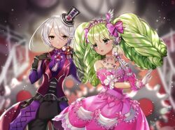 2girls bad_id bad_pixiv_id bare_shoulders black_gloves black_pants blurry blurry_foreground cowboy_shot dress expressionless falulu gambe gears gloves green_eyes green_hair grey_eyes grey_hair hair_between_eyes hands_up hat headphones highres holding holding_microphone idol idol_clothes jewelry light_particles long_hair long_sleeves looking_at_another microphone mini_hat mini_top_hat multiple_girls necklace open_mouth pants pink_dress pretty_series pripara purple_shirt shikyoin_hibiki shirt short_hair sidelocks smile stage standing tiara top_hat twintails white_gloves 