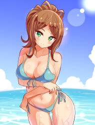  1girl azure_striker_gunvolt bikini blue_sky breast_hold breasts brown_hair cleavage closed_mouth cloud cloudy_sky commentary commission cougar_(cougar1404) cowboy_shot crossed_arms day front-tie_bikini_top front-tie_top gluteal_fold green_eyes groin halterneck head_tilt horizon large_breasts lens_flare looking_at_viewer monica_(gunvolt) navel ocean original outdoors ponytail side-tie_bikini_bottom skeb_commission sky smile solo standing sunlight swimsuit thigh_gap wading water wet  rating:Sensitive score:8 user:danbooru