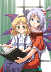 2girls alice_margatroid alice_margatroid_(pc-98) blouse blue_eyes blue_hair book breasts collared_shirt dress female_focus gengorou hair_ribbon indoors long_hair mother_and_daughter multiple_girls multiple_wings mystic_square open_book open_mouth puffy_short_sleeves puffy_sleeves reading ribbon shinki_(touhou) shirt short_hair short_sleeves sitting small_breasts smile touhou touhou_(pc-98) turtleneck very_long_hair white_shirt wide_sleeves wings yellow_eyes rating:Sensitive score:88 user:danbooru