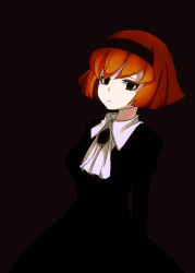  1girl android ascot black_background black_dress black_eyes black_theme bob_cut brooch dark dress expressionless fakon hairband jewelry looking_at_viewer pale_skin r_dorothy_wayneright red_hair short_hair simple_background solo the_big_o  rating:Sensitive score:10 user:danbooru