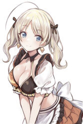  1girl antenna_hair back_bow blonde_hair blue_eyes bow breasts cleavage closed_mouth cowboy_shot crop_top food-themed_clothes frills hachimiya_meguru halterneck idolmaster idolmaster_shiny_colors large_breasts leaning_forward long_hair looking_at_viewer midriff miniskirt nannacy7 parted_bangs pleated_skirt short_sleeves simple_background skirt smile solo twintails v_arms white_background  rating:Sensitive score:4 user:danbooru