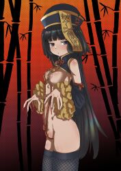  1girl ass bare_shoulders black_eyes black_hair black_thighhighs blunt_bangs breasts cleft_of_venus commentary_request detached_collar fingernails fishnet_thighhighs fishnets hat highres jiangshi long_fingernails long_hair looking_at_viewer navel nipples original pussy pussy_peek qingdai_guanmao red_nails sema_(mekemeke_king) sharp_fingernails solo thighhighs two_side_up variant_set 