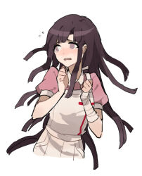  1girl apron bandaged_arm bandages blunt_bangs blunt_ends blush clenched_hands collared_shirt cropped_legs danganronpa_(series) danganronpa_2:_goodbye_despair flying_sweatdrops frown long_hair looking_to_the_side messy_hair nervous open_mouth pink_shirt puffy_short_sleeves puffy_sleeves purple_eyes purple_hair shirt short_sleeves simple_background single_bare_arm single_sidelock solo tearing_up teeth tsumiki_mikan unagi_(nakaelric) upper_teeth_only very_long_hair white_apron white_background 