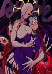  1girl blonde_hair breasts closed_eyes cross cross_necklace crown double_(skullgirls) extra_arms extra_eyes extra_mouth grabbing_own_breast jewelry large_breasts monster monster_girl necklace nun red_eyes sketch skullgirls solo  rating:Sensitive score:6 user:HomeStruck