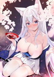  1girl absurdres alcohol animal_ear_fluff animal_ears azur_lane blue_shirt blush breasts cherry_blossoms cleavage closed_mouth commentary_request cup fox_ears hanami highres japanese_clothes large_breasts long_hair looking_at_viewer origami_aya petal_censor pleated_skirt purple_eyes sakazuki sake shinano_(azur_lane) shirt sidelocks skirt smile solo thighhighs very_long_hair white_hair white_skirt white_thighhighs wide_sleeves 