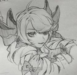 1girl ahoge bow closed_mouth cropped_torso drill_hair gloves grey_background greyscale gwen_(league_of_legends) hair_bow hand_up highres index_finger_raised league_of_legends long_hair monochrome simple_background smile solo traditional_media twin_drills twintails wosashimi rating:Sensitive score:7 user:danbooru