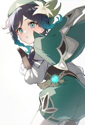  1boy :o androgynous aqua_hair arm_at_side bard beret black_hair braid cape cecilia_flower_(genshin_impact) closed_mouth cowboy_shot dot_mouth floating_clothes floating_hair flower genshin_impact gradient_hair green_cape green_eyes green_hat green_shorts hair_flower hair_ornament hand_up hat highres holding holding_lyre knee_up leaf_hair_ornament leaning leaning_forward looking_back lyre mochimiya_(coyo) multicolored_hair pantyhose short_hair_with_long_locks shorts side_braids simple_background solo three_quarter_view twin_braids venti_(genshin_impact) vision_(genshin_impact) white_background white_flower white_pantyhose 