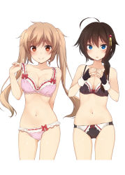2girls ahoge black_bra black_hair black_panties blue_eyes blush bow bow_bra bow_panties bra bra_tug braid breasts brown_hair cleavage collarbone cowboy_shot cropped_legs fingerless_gloves fingers_together gloves gluteal_fold hair_between_eyes hair_ornament hair_over_shoulder highres kantai_collection lace lace-trimmed_bra lace-trimmed_panties lace_trim long_hair looking_at_viewer medium_breasts multiple_girls murasame_(kancolle) nagami_yuu navel own_hands_together panties parted_lips pink_bra pink_panties red_eyes remodel_(kantai_collection) shigure_(kancolle) simple_background single_braid skindentation small_breasts smile strap_lift thigh_gap twintails underwear underwear_only white_background rating:Sensitive score:33 user:danbooru
