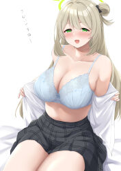  1girl :d black_skirt blue_archive blue_bra bra breasts cleavage collarbone green_eyes halo highres large_breasts long_hair looking_at_viewer nonomi_(blue_archive) open_clothes open_mouth open_shirt plaid plaid_skirt shirt simple_background sitting skirt smile solo takomeshi thighs translation_request underwear white_background white_shirt 