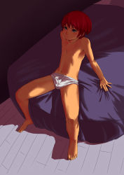 1boy :| absurdres barefoot bed blue_eyes blush briefs bulge closed_mouth dark_room erection erection_under_clothes feet highres male_focus male_underwear navel new_race nipples red_hair short_hair shota sitting solo sweat tagme toes topless_male underwear rating:Questionable score:58 user:Jellybooru