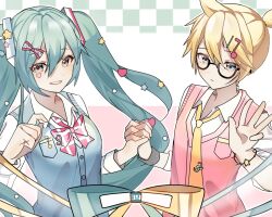  1boy 1girl 39 blonde_hair blue_eyes blue_hair bow bowtie bracelet breast_pocket collared_shirt commentary fortissimo glasses grin hair_bow hair_ornament hatsune_miku heart heart_hair_ornament heart_on_cheek highres holding_hands jewelry kagamine_len long_hair long_sleeves miakzi musical_note musical_note_hair_ornament necktie pocket ponytail ribbon school_uniform shirt sleeves_rolled_up smile star_(symbol) star_hair_ornament sweater_vest tie_clip twintails very_long_hair vocaloid wristband 
