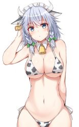 1girl absurdres animal_ears animal_print arm_behind_back bare_arms bare_shoulders bell bikini blue_eyes blush bow braid breasts cleavage closed_mouth collarbone commentary_request cow_ears cow_horns cow_print cowbell cowboy_shot detached_collar ear_tag green_bow hair_bow hand_up headdress highres horns izayoi_sakuya large_breasts looking_at_viewer maid_headdress medium_breasts medium_hair navel short_hair side-tie_bikini_bottom side_braid silver_hair simple_background solo standing stomach sweat sweatdrop swimsuit thighs tksand touhou twin_braids underboob white_background white_bikini rating:Sensitive score:45 user:danbooru