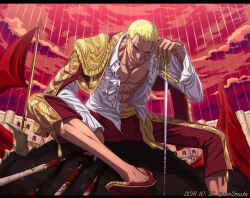  1boy 2018 artist_name blonde_hair blood building bull bullfighting cage cloud cloudy_sky dated death donquixote_doflamingo earrings epaulettes flag hand_rest jacket jewelry male_focus matador multicolored_clothes multicolored_jacket muscular muscular_male one_piece open_clothes pants red-tinted_eyewear red_jacket red_pants red_sky shirt short_hair sim2matu single_epaulette sitting sky sunglasses sword teeth third-party_source tinted_eyewear tongue tongue_out twitter_username two-tone_jacket weapon white-framed_eyewear white_shirt yellow_jacket  rating:Sensitive score:3 user:danbooru