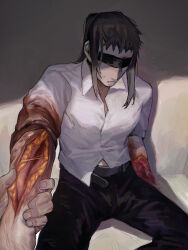  2boys amputee arm_grab black_blindfold black_pants blindfold blood blood_on_clothes brown_hair collared_shirt deep_wound facing_viewer grey_background guro hand_up highres injury long_hair male_focus multiple_boys original pants parted_lips ponytail pov shirt sidelocks sitting solo_focus untucked_shirt white_shirt yulei_yuuuuu 