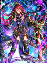  1girl armor armored_boots armored_dress black_dress black_footwear black_thighhighs boots breasts cleavage closed_mouth dragon_tactics dress faulds floating_hair gauntlets hair_between_eyes hands_on_hilt highres long_hair looking_at_viewer medium_breasts purple_eyes red_hair shoulder_armor skyscope solo standing sword thighhighs very_long_hair weapon 