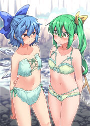  2girls absurdres bikini blue_bow blue_eyes blue_hair blush bow breasts cirno closed_mouth collarbone daiyousei fairy fairy_wings fuuzasa green_bikini green_eyes green_hair hair_between_eyes hair_bow highres ice ice_wings long_hair multiple_girls navel short_hair side_ponytail small_breasts swimsuit touhou wings  rating:Sensitive score:10 user:danbooru