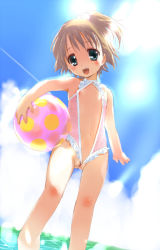 1990s_(style) 1girl :d bad_anatomy bad_hands ball beachball bikini blush contrail day dutch_angle fang final_fantasy final_fantasy_iv flat_chest frilled_swimsuit frills gluteal_fold hair_bobbles hair_ornament hima loli navel open_mouth poorly_drawn porom pussy pussy_peek retro_artstyle side_ponytail smile solo sweat swimsuit wedgie  rating:Explicit score:133 user:danbooru