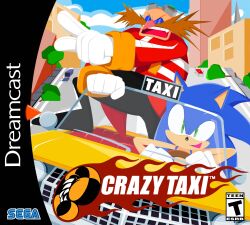  2boys animal_ears animal_nose car collisionchaox commentary cover crazy_taxi crossover day dr._eggman driving english_commentary facial_hair furry furry_male gloves goggles goggles_on_head green_eyes highres jacket long_sleeves male_focus motor_vehicle multiple_boys mustache open_mouth outdoors red_jacket road sega smile sonic_(series) sonic_the_hedgehog standing street taxi video_game_cover white_gloves 
