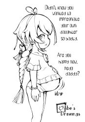  1girl abe&#039;s_drawings absurdres belly braid english_text father_and_daughter female_focus flat_chest genshin_impact highres incest loli long_hair looking_at_viewer monochrome pedophile pregnant pregnant_loli qiqi_(genshin_impact) simple_background solo standing tagme white_background  rating:Explicit score:481 user:gacharerollhell