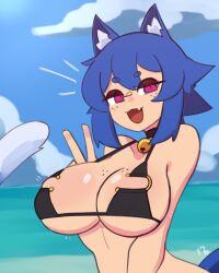  1girl :3 :d absurdres animal_ear_fluff animal_ears arched_back bell bikini black_bikini blue_hair breasts cat_ears cat_girl cat_tail choker cloud collarbone doce fang female_focus florida_bikini freckles freckles_on_breasts half-closed_eyes highres jingle_bell large_breasts looking_at_viewer notice_lines ocean open_mouth original outdoors pink_eyes short_hair skin_fang sky smile solo swimsuit tail upper_body v xiao_(docecaedrus) 
