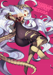 1girl ainezu ass bare_shoulders blush bodysuit breasts cameltoe character_name commentary copyright_name elbow_gloves from_below full_body gloves granblue_fantasy hair_between_eyes headpiece high_heels highres light_purple_hair long_hair looking_at_viewer medusa_(shingeki_no_bahamut) open_mouth pointy_ears red_background red_eyes shingeki_no_bahamut small_breasts solo tail very_long_hair wavy_hair rating:Sensitive score:24 user:danbooru