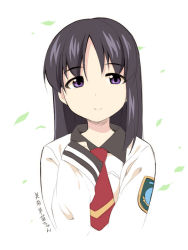  1girl bad_id bad_pixiv_id black_hair closed_mouth cropped_torso green_green hand_up long_hair long_sleeves minami_sanae parted_bangs purple_eyes red_neckwear school_uniform shirt sleeves_past_wrists smile solo translation_request uccow upper_body white_background white_shirt 