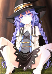  1girl black_skirt blue_eyes blue_hair boots braid capelet closed_mouth crossed_bangs hat highres knee_boots long_braid long_hair looking_at_viewer miniskirt mushoku_tensei on_ground roxy_migurdia shirt sitting skirt solo spread_legs thighs twin_braids twintails white_capelet white_footwear white_shirt witch_hat zummy 