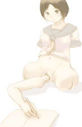  1girl amputee borusen bottomless brown_eyes brown_hair censored collarbone detachable_limbs female_focus highres matching_hair/eyes mosaic_censoring navel pussy selfcest sex simple_background sketch tezuka_shiho vaginal what working writing  rating:Explicit score:13 user:Oodelali