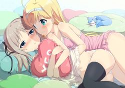2girls :o ahoge animal aqua_eyes bad_id bad_twitter_id bare_arms bare_legs bare_shoulders bed black_legwear black_ribbon blonde_hair blush c: closed_eyes closed_mouth couple dress earrings eye_contact female_focus forehead_jewel fox gotyou grey_eyes grey_hair hair_ribbon hairband hand_under_clothes hina_logi_-_from_luck_&amp;_logic jewelry legs liones_yelistratova looking_at_another looking_back luck_&amp;_logic lying multiple_girls navel neck nina_alexandrovna hugging_object on_bed on_side open_mouth panties pillow pillow_hug pink_dress ribbon shade short_dress smile swept_bangs thighhighs twintails underwear white_dress white_hairband white_panties yes yes-no_pillow yuri rating:Questionable score:35 user:danbooru