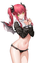  1girl absurdres black_horns black_panties breasts cosplay cuffs demon_girl demon_horns demon_wings frilled_shirt frills green_eyes handcuffs highres horns kitagawa_marin long_hair long_sleeves medium_breasts panties pointy_ears puffy_sleeves red_hair rizu-kyun rizu-kyun_(cosplay) shirt sidelocks solo sono_bisque_doll_wa_koi_wo_suru spider_apple thighs two_side_up underwear white_shirt wings 