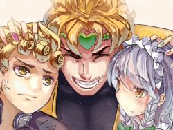1girl 2boys ^_^ anger_vein blonde_hair brother_and_sister closed_eyes crossover dio_brando father_and_daughter father_and_son giorno_giovanna grin hair_ribbon hand_on_own_hip izayoi_sakuya jojo_no_kimyou_na_bouken maid maid_headdress multiple_boys nail_polish power_connection ribbon siblings silver_hair smile tiara touhou upper_body vento_aureo walzrj yellow_eyes rating:Sensitive score:6 user:danbooru