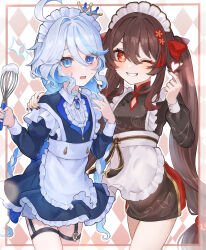  2girls absurdres alternate_costume alternate_hairstyle apron argyle argyle_background argyle_clothes blue_dress blue_eyes blue_hair blue_nails blue_shirt blue_skirt braid brown_dress brown_hair checkered_background china_dress chinese_clothes clenched_teeth colored_inner_hair cowboy_shot cowlick crossed_legs crown dress finger_heart frilled_apron frilled_skirt frills furina_(genshin_impact) genshin_impact hand_on_another&#039;s_shoulder hands_up heart highres holding holding_whisk hu_tao_(genshin_impact) inset_border light_blue_hair long_hair looking_at_viewer low-tied_long_hair low_twin_braids mini_crown mugita_(mokankan) multicolored_hair multiple_girls nail_polish one_eye_closed open_mouth outside_border red_eyes shirt short_dress skirt sweatdrop teeth thigh_strap twin_braids twintails waist_apron whisk white_apron  rating:Sensitive score:10 user:danbooru