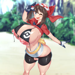 1girl bandana beach bikini bikini_top_only blue_eyes blush breasts brown_hair cleft_of_venus clothes_lift creatures_(company) curvy fanny_pack game_freak gloves highres holding holding_poke_ball huge_breasts kawahagitei lactation looking_at_viewer may_(pokemon) navel nintendo one_eye_closed open_mouth outdoors pants perky_breasts poke_ball poke_ball_(basic) poke_ball_print pokemon pokemon_rse puffy_areolae puffy_nipples pussy shirt_lift skindentation solo swimsuit thick_thighs thighs tight_clothes tight_pants torn_clothes torn_legwear uncensored untied_bikini wide_hips wink rating:Explicit score:95 user:Benk941