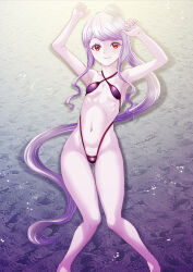  1girl alternate_costume armpits arms_up beach bikini breasts closed_mouth collarbone covered_erect_nipples day dot_nose eyebrows eyelashes fang feet_out_of_frame female_focus from_above highres long_hair looking_at_viewer lying navel on_back one-piece_swimsuit outdoors overlord_(maruyama) petite ponytail pretzel_bikini purple_bikini red_eyes ribs rurukichi sand shalltear_bloodfallen sidelocks small_breasts smile solo swimsuit vampire very_long_hair water white_hair 