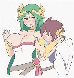  1boy 1girl age_difference angel angel_wings animated animated_gif blush grabbing_another&#039;s_breast breasts brown_hair cleavage dress grabbing grabbing_from_behind green_eyes heart heart-shaped_pupils height_difference hetero kid_icarus kid_icarus_uprising long_hair nintendo palutena pit_(kid_icarus) short_hair sweat symbol-shaped_pupils white-stew white_dress wings  rating:Explicit score:199 user:1LameR1