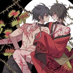  2boys bad_id bad_pixiv_id black_collar black_hair bleeding blonde_hair blood brown_hair bruise bruised_chest burn_scar chain character_request check_character closed_mouth collar eye_contact face-to-face floral_print_kimono hand_on_another&#039;s_back highres ikuina_takashi injury japanese_clothes kimono long_sleeves looking_at_another loose_clothes loose_kimono male_focus meremero multicolored_hair multiple_boys plant profile red_kimono scar scar_on_back scar_on_face scar_on_leg short_hair slow_damage smile topless_male towa_(slow_damage) venus_flytrap wide_sleeves yaoi yellow_eyes 