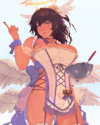 1girl bare_shoulders blue_background blue_bow bow bowl breasts bright_pupils brown_hair character_request chocolate chocolate_on_hand feather_hair_ornament feathered_wings feathers fingernails floral_print food_on_hand frills hair_between_eyes hair_ornament halo heart holding holding_bowl ladle large_breasts light_blue_background long_hair low_wings multiple_wings patterned patterned_clothing purple_bow purple_eyes see-through sennen_sensou_aigis simple_background solo take_no_ko_(dodon) tongue tongue_out white_feathers white_pupils wings 