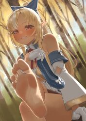  1girl absurdres aiharararara armpit_crease bare_shoulders barefoot blonde_hair blue_bow blue_footwear blush bow dark-skinned_female dark_skin dress elf feet foot_focus gloves hair_bow hand_up highres holding holding_clothes holding_footwear hololive long_hair long_sleeves looking_at_viewer multicolored_hair no_shoes outdoors pointy_ears ponytail red_eyes shiranui_flare sitting sleeveless sleeveless_dress soles solo thighs toes tree two-tone_hair virtual_youtuber white_gloves  rating:Sensitive score:53 user:danbooru