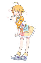  1girl absurdres ahoge argyle argyle_bow blonde_hair blue_ribbon blush bow clenched_hand closed_eyes commentary dress dress_bow full_body hand_up heart highres holding holding_microphone ibuki_tsubasa idolmaster idolmaster_shiny_colors jacket microphone neck_ribbon ribbon seal_007 shoes short_hair simple_background sneakers socks solo symbol-only_commentary white_background yellow_bow yellow_dress yellow_jacket yellow_socks 