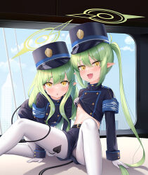  2girls :d armband black_hat blue_archive blue_armband blush cementite clothes_lift clothing_aside demon_tail fang feet_out_of_frame gloves green_hair green_halo halo hat highres hikari_(blue_archive) indoors lifted_by_self loli long_hair mesugaki multiple_girls navel nozomi_(blue_archive) open_mouth panties pantyhose pantyhose_under_shorts peaked_cap pointy_ears shirt_lift shorts shorts_aside siblings sidelocks sisters skin_fang smile tail tail_around_another&#039;s_leg twins underwear white_gloves white_panties white_pantyhose window yellow_eyes 