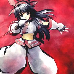 1girl ainu_clothes black_eyes black_hair breasts fighting_stance fingerless_gloves gloves hair_ribbon highres legs long_hair looking_at_viewer medium_breasts nakoruru pants ribbon samurai_spirits serious snk solo the_king_of_fighters thighs weapon