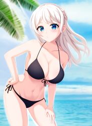  1girl absurdres baek_hyang&#039;geum bang_dream! bare_shoulders bikini black_bikini blue_eyes blurry blurry_background braid breasts cleavage cloud gluteal_fold hand_on_own_hip hand_on_own_leg highres large_breasts leaning_forward light_rays long_hair looking_at_viewer ocean outdoors palm_tree parted_lips sky solo swimsuit tree wakamiya_eve water white_hair 