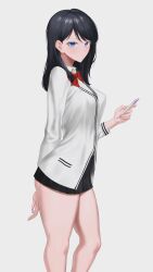  absurdres black_hair blue_eyes bow breasts gridman_universe highres holding holding_phone looking_at_viewer medium_breasts miniskirt phone red_bow skirt ssss.gridman tagme takarada_rikka thick_thighs thighs  rating:Sensitive score:6 user:XFR9