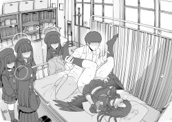  1boy 5girls beret black_hair blue_archive clone hat ichika_(blue_archive) justice_task_force_member_(blue_archive) large_wings long_hair male_sensei_(blue_archive) mo_(kireinamo) multiple_girls on_bed school_uniform sensei_(blue_archive) serafuku sex skirt twitter 