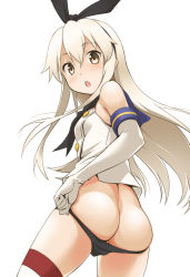 10s 1girl ass black_panties blonde_hair blush brown_eyes butt_crack chestnut_mouth elbow_gloves gloves hairband kantai_collection long_hair looking_at_viewer looking_back open_mouth panties personification petite shimakaze_(kancolle) simple_background solo striped_clothes striped_thighhighs thighhighs underwear white_background youkan rating:Questionable score:138 user:danbooru